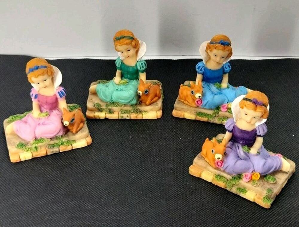 Hand Painted Resin Girl & Deer Figurines Set of 4 Multicolor 2.5"